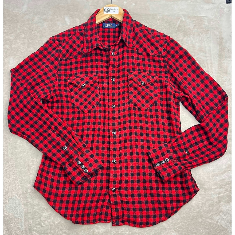 Polo Ralph Lauren Red Black Buffalo Plaid Western Snap Button Shirt Size 14
